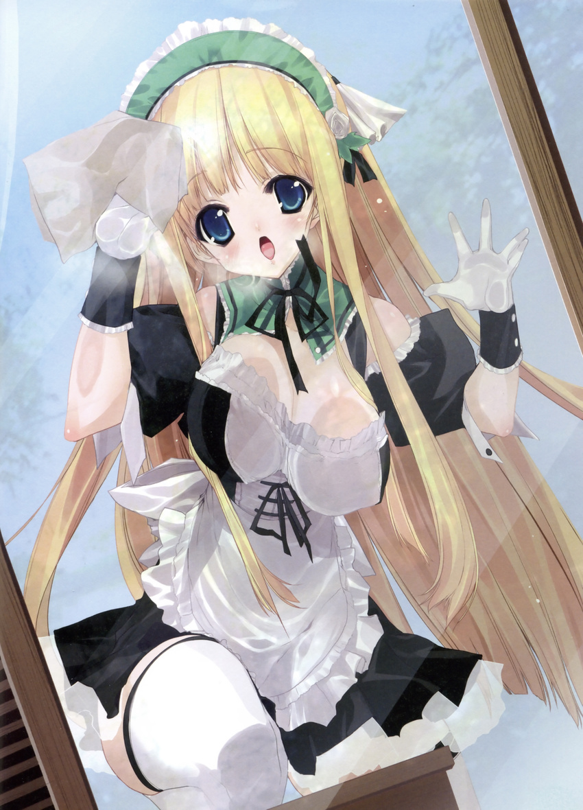 absurdres against_glass blonde_hair bonnet breast_press breasts breasts_on_glass cleavage copyright_request gloves highres large_breasts long_hair maid non-web_source ribbon solo thighhighs urotan