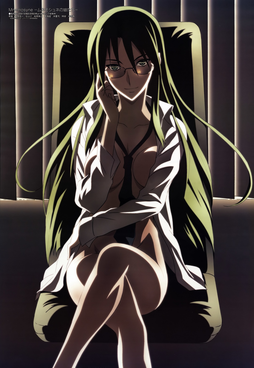 absurdres adjusting_eyewear asougi_rin bangs between_breasts blinds bottomless breasts breasts_apart chair cleavage clothes_between_breasts collared_shirt convenient_censoring convenient_leg crossed_legs dark dress_shirt floating_hair glasses glint green_eyes green_hair groin hair_between_eyes hand_on_hip highres indoors large_breasts legs light_smile long_hair long_sleeves looking_at_viewer loose_necktie megami mnemosyne naked_shirt naughty_face necktie no_bra non-web_source office_chair official_art open_clothes open_shirt scan shirt sidelocks sitting smile solo very_long_hair white_shirt yamaoka_shin'ichi