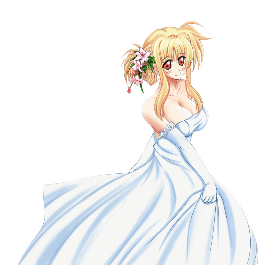 bare_shoulders blonde_hair blush breasts cleavage dress elbow_gloves fate_testarossa flower gloves large_breasts lyrical_nanoha mahou_shoujo_lyrical_nanoha_strikers red_eyes solo white_dress
