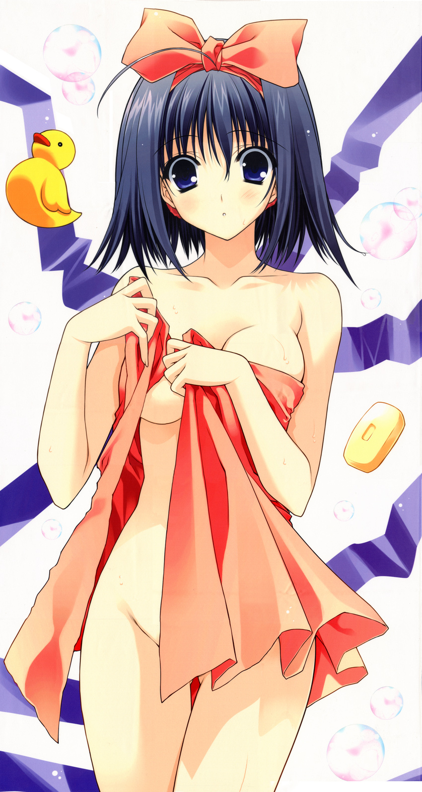 absurdres bubble copyright_request hair_ribbon highres huge_filesize naked_towel ribbon rubber_duck soap solo suzuhira_hiro towel wet