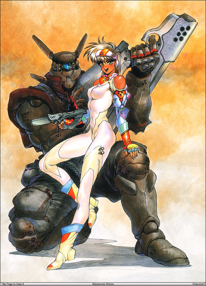 80s appleseed bare_shoulders bodysuit boots briareos_hecatonchires brown_hair deunan_knute fingerless_gloves gloves green_eyes gun highres intron_depot oldschool rifle robot_ears shirou_masamune short_hair size_difference skin_tight weapon white_bodysuit