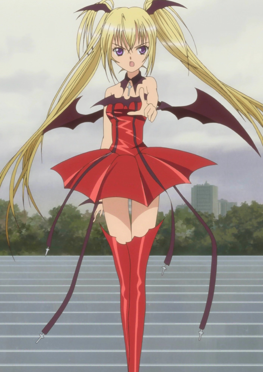 angry bare_shoulders bat_wings blonde_hair boots cross flat_chest gothic head_wings highres hoshina_utau latin_cross long_hair lunatic_charm pointing purple_eyes ribbon screencap shugo_chara! skirt solo stitched thigh_boots thighhighs third-party_edit twintails very_long_hair wings zettai_ryouiki