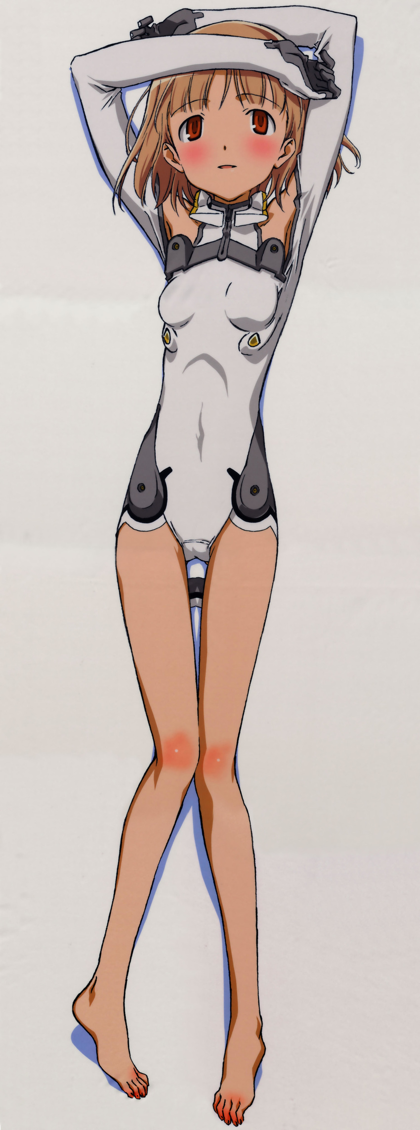 :d absurdres arm_behind_head arm_on_head armpits arms_up bangs bare_shoulders barefoot blunt_bangs blush body_blush breasts covered_navel dakimakura elbow_gloves feet from_above full_body gloves halterneck headgear highres iizuka_haruko incredibly_absurdres leotard light_brown_hair long_image long_legs looking_at_viewer lying motion_slit official_art on_back open_mouth parted_bangs petite pilot_suit red_eyes sakurano_otoha scan shadow short_hair simple_background sky_girls slim_legs small_breasts smile solo tall_image thigh_gap turtleneck white_background white_gloves white_leotard