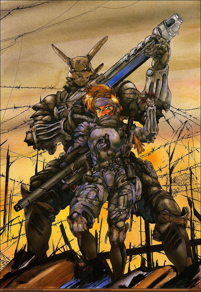 1girl 80s appleseed armor barbed_wire briareos_hecatonchires cannon couple cyberpunk cyborg deunan_knute headset hetero highres intron_depot official_art oldschool promotional_art robot_ears science_fiction shirou_masamune