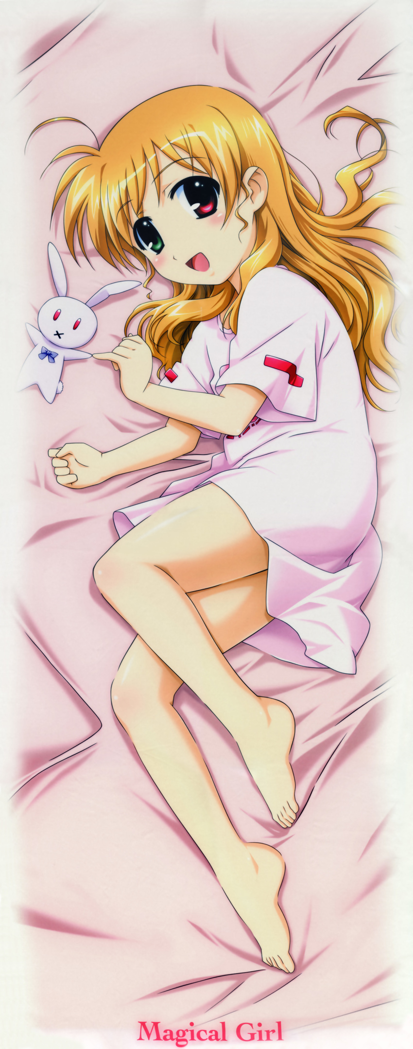 :d :x absurdres ahoge alternate_hairstyle bangs bare_legs barefoot bed_sheet blush bow dakimakura english feet flat_chest from_above from_side full_body green_eyes hair_down happy heterochromia highres incredibly_absurdres indoors long_hair looking_at_viewer lyrical_nanoha mahou_shoujo_lyrical_nanoha_strikers official_art okuda_yasuhiro on_bed open_mouth orange_hair pajamas red_eyes sacred scan shiny shiny_hair short_sleeves smile solo stuffed_animal stuffed_bunny stuffed_toy vivio