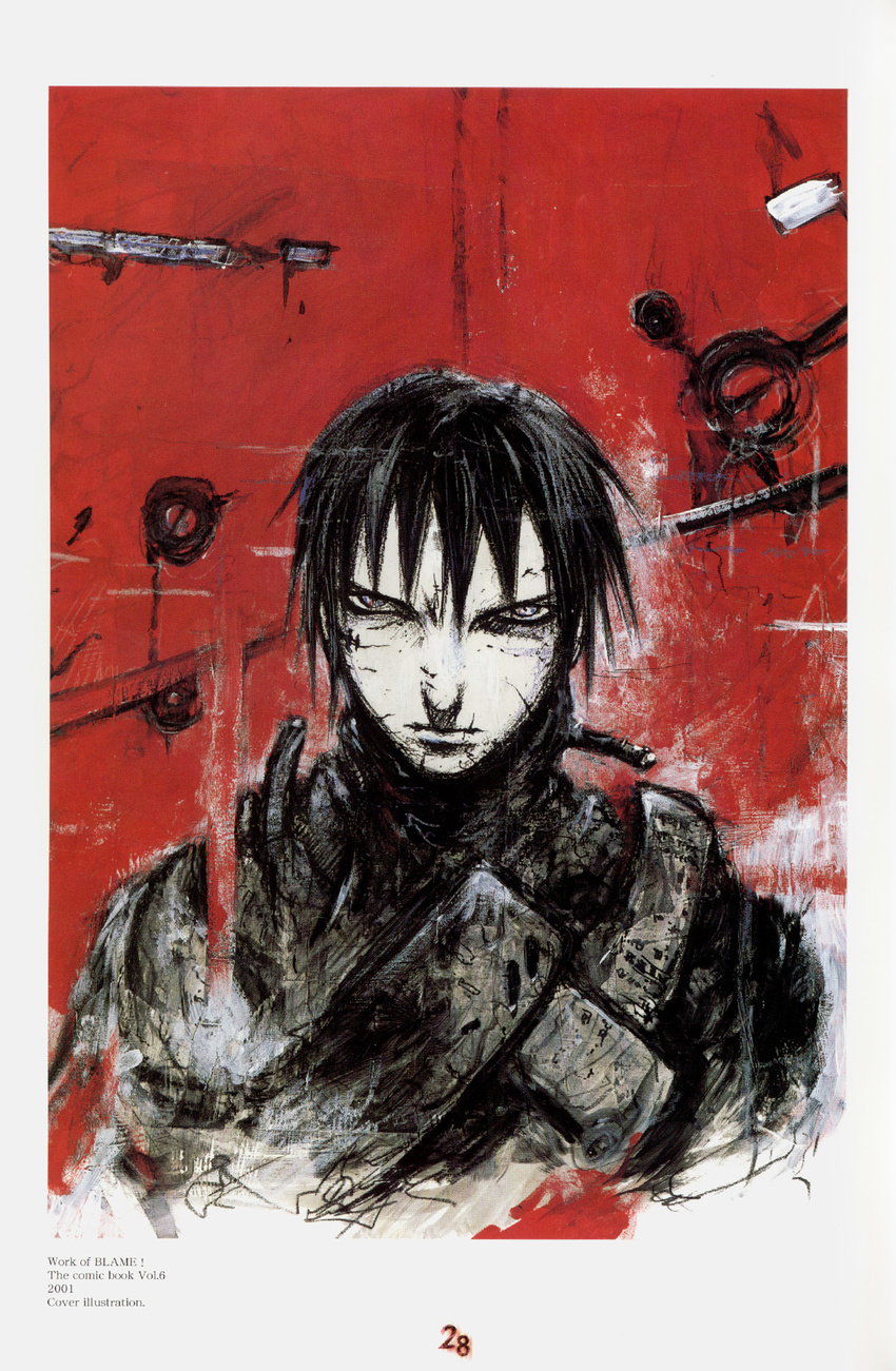 against_wall black_gloves black_hair blame! blood closed_mouth expressionless gloves highres injury killy looking_at_viewer male_focus nihei_tsutomu screw silver_eyes solo upper_body