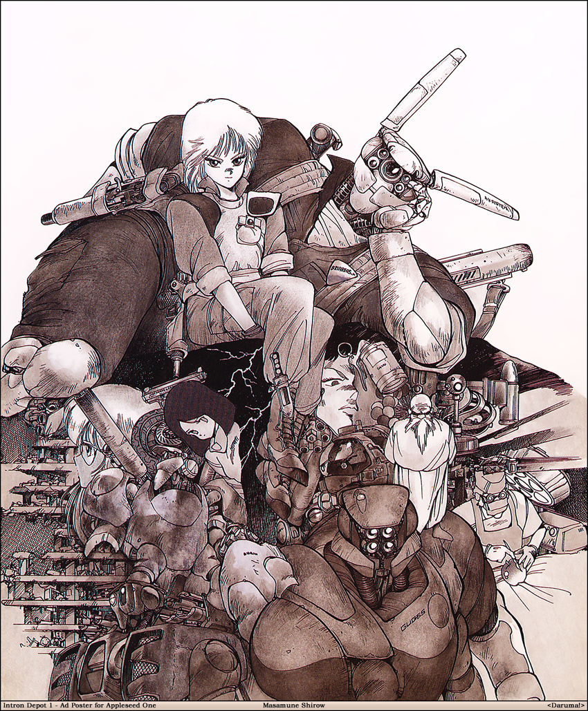 4girls 80s appleseed beard briareos_hecatonchires character_request deunan_knute everyone facial_hair highres hitomi_(appleseed) intron_depot mecha monochrome multiple_boys multiple_girls oldschool red shirou_masamune