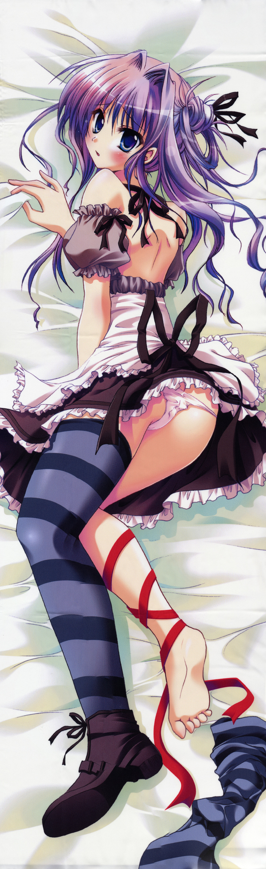 absurdres asymmetrical_clothes barefoot bed copyright_request highres izumi_tsubasu panties purple_hair scan shoes single_shoe single_thighhigh soles solo striped striped_legwear thighhighs toes underwear