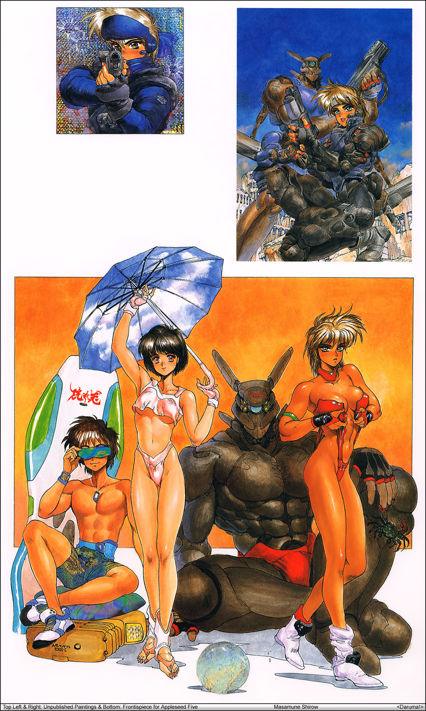 2girls 80s appleseed bikini boots breasts briareos_hecatonchires choker crab dark_skin deunan_knute dog_tags fingerless_gloves gloves gun highres hitomi_(appleseed) intron_depot large_breasts multiple_girls nail_polish oldschool open_toe_shoes rifle shirou_masamune shoes short_hair sunglasses surfboard swimsuit tan tankini umbrella underboob weapon yoshitsune