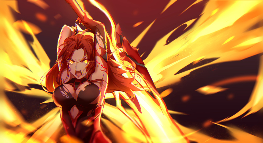 1girl absurdres armor armored_dress armpits arms_up aura bangs bare_shoulders bleeding blood breasts charging claymore_(sword) cleavage deep_wound dress fiery_wings fire floating_hair gloves glowing glowing_eyes highres holding holding_sword holding_weapon honkai_impact injury large_breasts light_particles long_hair looking_at_viewer murata_himeko open_mouth parted_bangs red_hair shouting solo sword torn_clothes vermillion_knight weapon yellow_eyes yumuto_(spring1786)