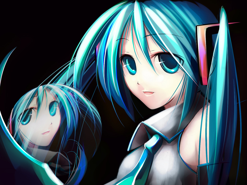 :d aqua_hair black_background collared_shirt detached_sleeves eyebrows_visible_through_hair hair_between_eyes hair_ornament hatsune_miku highres long_hair looking_at_viewer necktie open_mouth shirt simple_background smile solo spiral_(senra_garou) twintails vocaloid
