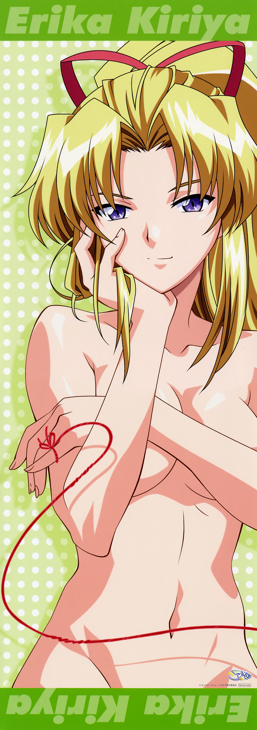 absurdres agata_yoshimi blonde_hair breasts character_name covering covering_breasts groin hair_ribbon highres kiriya_erika large_breasts logo looking_at_viewer non-web_source nude official_art out-of-frame_censoring ponytail red_ribbon ribbon smile solo tsuyokiss