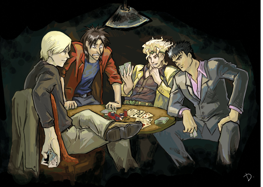 berserk card crossover dio_brando guts headband heart holding holding_card itou_kaiji jacket johan_liebert jojo_no_kimyou_na_bouken kaiji key lamp lying_card male_focus manly md5_mismatch monster_(manga) multiple_boys multiple_crossover playing_card poker poker_chip resized royal_flush shroedinger table upscaled