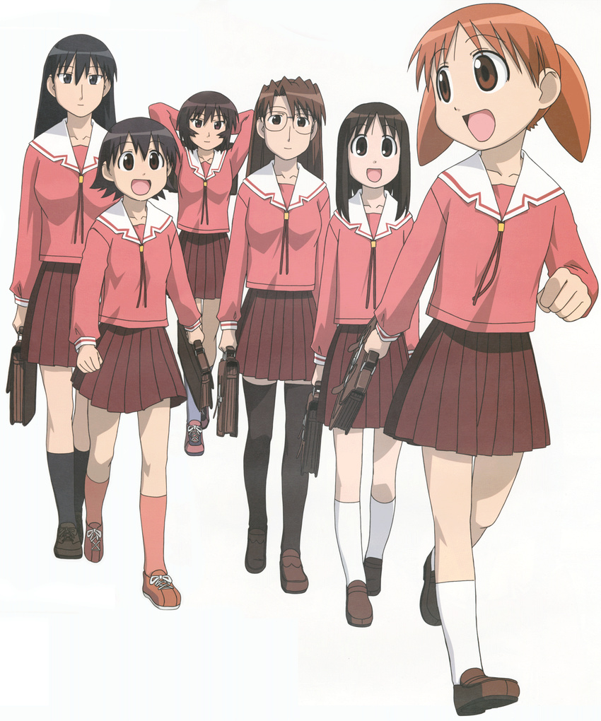 artist_request azumanga_daiou bag black_hair brown_eyes brown_hair glasses highres kagura_(azumanga_daiou) kasuga_ayumu long_hair mihama_chiyo mizuhara_koyomi multiple_girls official_art orange_hair sakaki scan school_bag school_uniform short_twintails takino_tomo thighhighs twintails