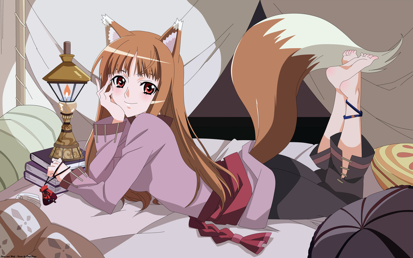 absurdres animal_ears anklet barefoot bed blush book brown_hair chin_rest feet highres holo jewelry lantern long_hair lying official_art on_stomach pillow pouch red_eyes sadakata_kikuko sash smile soles solo spice_and_wolf tail vector_trace watermark wolf_ears wolf_tail