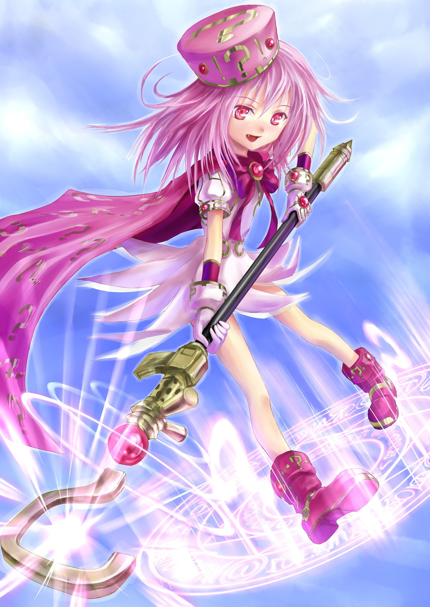 bad_id bad_pixiv_id benesse boots hat hatena_yousei highres lyrical_nanoha mahou_shoujo_lyrical_nanoha parody phase pink_cape pink_footwear pink_hat solo