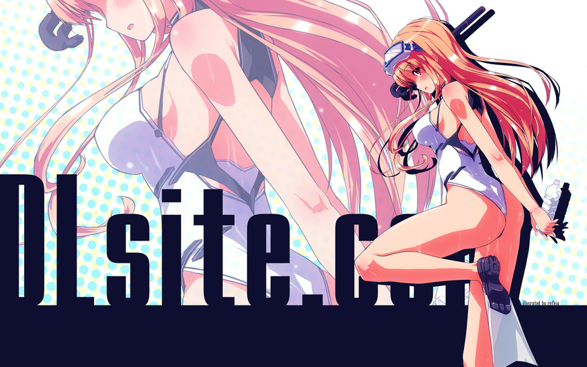arms_behind_back blush bottle dille_blood diving_mask dlsite.com flippers highres legs long_hair long_legs looking_back one-piece_swimsuit open_mouth orange_hair refeia shadow snorkel solo standing standing_on_one_leg swimsuit thighs wallpaper water_bottle wet zoom_layer