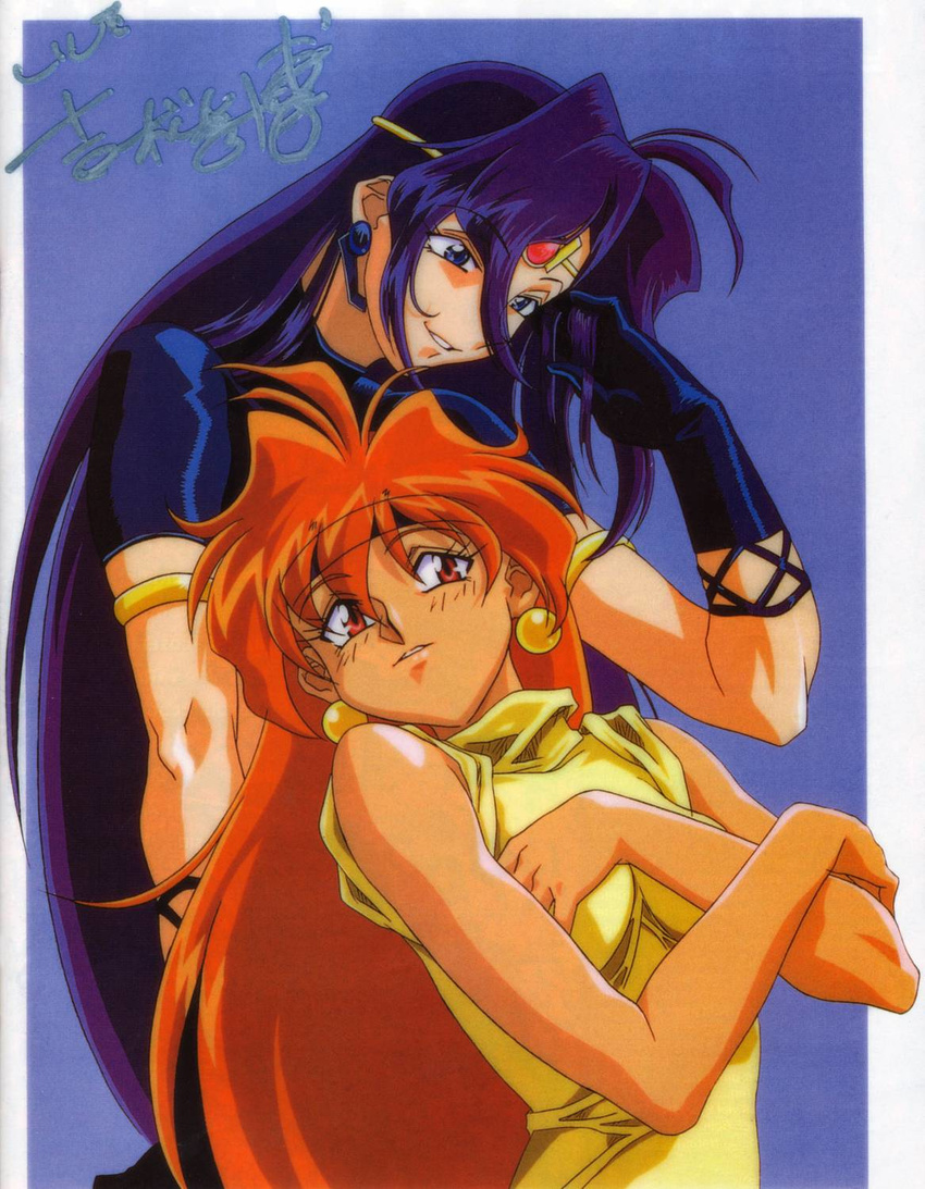 90s araizumi_rui bare_shoulders black_hair blue_background crossed_arms dark_skin gem headpiece highres lina_inverse long_hair multiple_girls naga_the_serpent non-web_source red_eyes red_hair simple_background slayers sweater_vest upper_body very_long_hair