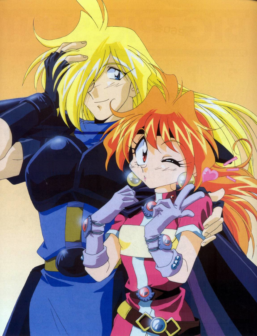 1girl 90s araizumi_rui armor gourry_gabriev heart height_difference highres lina_inverse non-web_source one_eye_closed orange_background slayers v