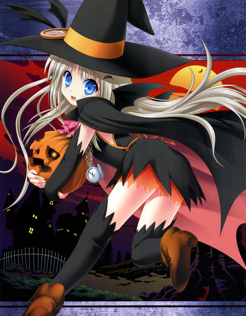 absurdres arm_warmers bat_wings blue_eyes buttons fang halloween hat highres huge_filesize jack-o'-lantern large_buttons little_busters! long_hair na-ga noumi_kudryavka pocket_watch pumpkin silver_hair solo thighhighs watch wings witch_hat