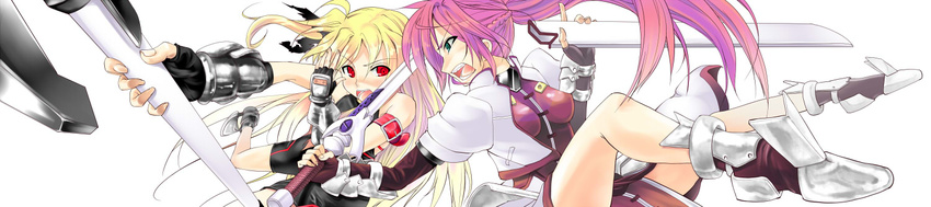 arm_belt bardiche battle blonde_hair blue_eyes boshinote cropped_jacket duel fate_testarossa fingerless_gloves gloves hair_ribbon jacket levantine long_image lyrical_nanoha magical_girl mahou_shoujo_lyrical_nanoha mahou_shoujo_lyrical_nanoha_a's multiple_girls open_clothes open_jacket pink_hair ponytail red_eyes ribbon signum sword twintails waist_cape weapon wide_image