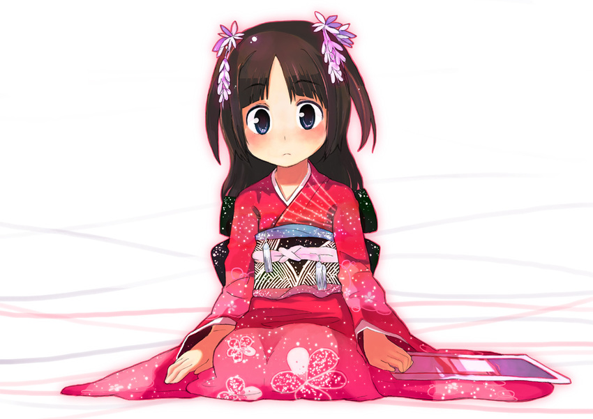 black_hair blush copyright_request japanese_clothes kimono kneeling ribbon shuzoku_fumei solo twintails