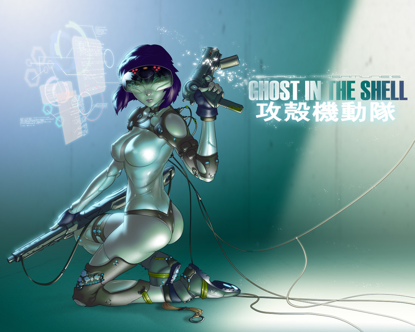 ass assault_rifle bad_deviantart_id bad_id bodysuit breasts cable chester_ocampo cyberpunk cyborg ghost_in_the_shell gloves gun head_mounted_display hologram holographic_monitor kusanagi_motoko large_breasts looking_back machine_pistol one_knee purple_hair red_eyes rifle science_fiction shiny shiny_clothes short_hair shotgun skin_tight solo submachine_gun underwater visor vr_visor wallpaper weapon white_bodysuit