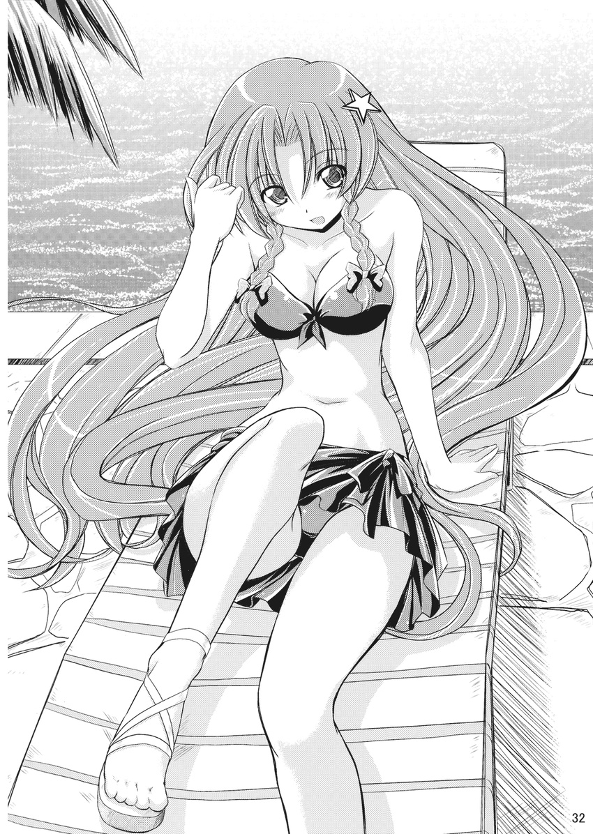 artist_request bangs bikini braid chair greyscale hair_ornament highres hong_meiling long_hair lounge_chair monochrome sandals sarong solo swimsuit touhou very_long_hair