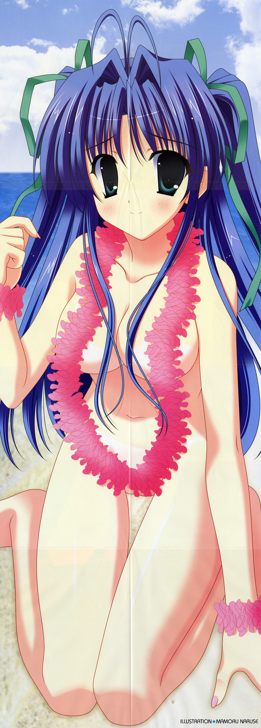 absurdres blue_hair breasts cloud convenient_censoring copyright_request day eyebrows_visible_through_hair highres looking_at_viewer medium_breasts naruse_mamoru navel non-web_source nude outdoors sky smile solo