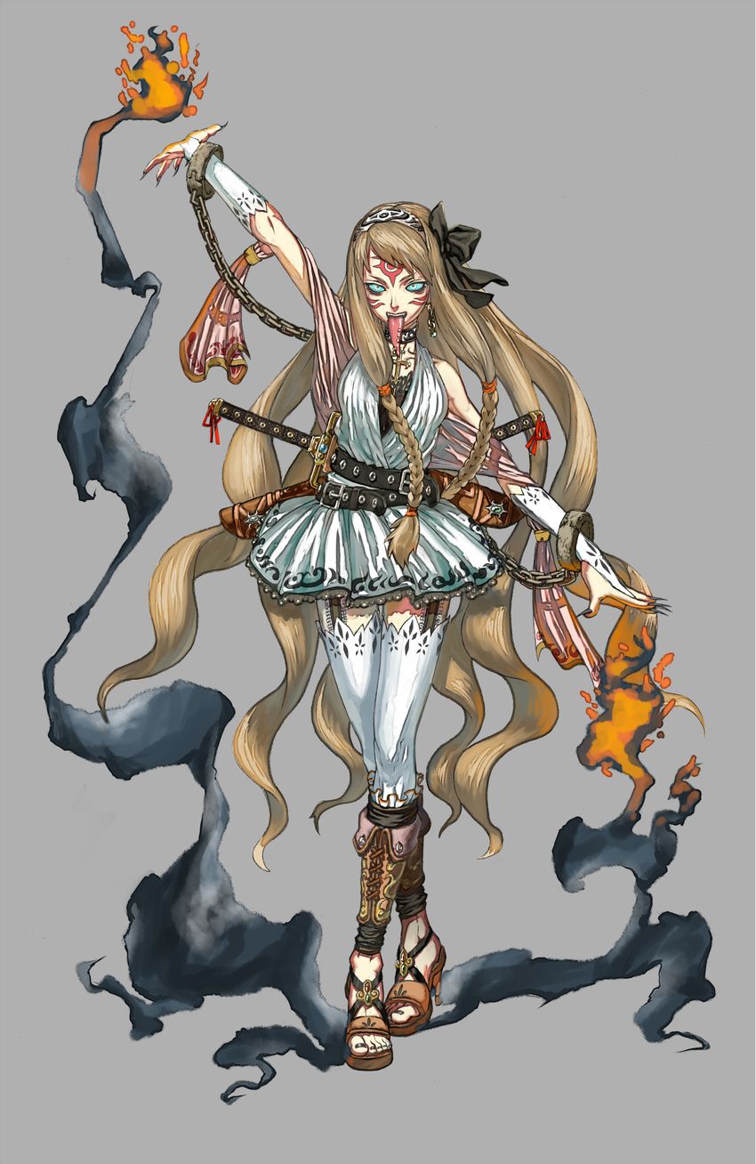 bodypaint braid chain diolemonde earrings fingernails frills highres jewelry lace long_hair monster_girl piercing pixiv_fantasia pixiv_fantasia_1 sandals simple_background solo sword thighhighs tongue tongue_piercing twin_braids weapon zettai_ryouiki