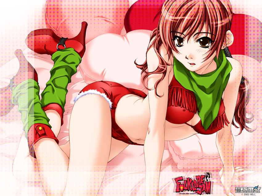 artist_request blush boots brown_eyes copyright_request pillow red_hair solo wallpaper