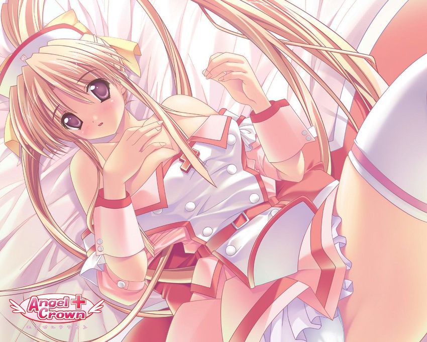 angel_crown bare_shoulders blonde_hair blush long_hair panties purple_eyes solo thighhighs underwear wallpaper yoshimura_kentaro