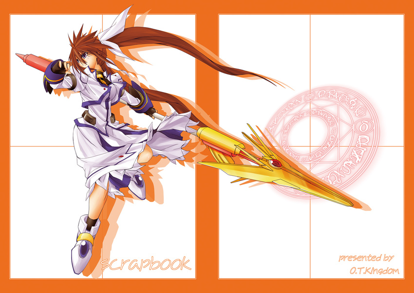 :o ankle_boots boots border fingerless_gloves full_body gloves hair_ribbon jacket lance long_hair long_skirt long_sleeves looking_at_viewer lyrical_nanoha magazine_(weapon) magic_circle magical_girl mahou_shoujo_lyrical_nanoha_strikers octagram open_clothes open_jacket open_mouth polearm puffy_sleeves purple_eyes raising_heart red_hair ribbon simple_background skirt solo spar star_of_lakshmi takamachi_nanoha twintails uka very_long_hair weapon white_background white_devil white_ribbon yuuka_(o.t.kingdom)