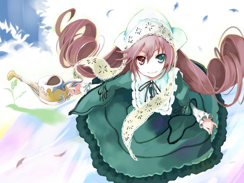 bangs brown_hair dress drill_hair green_dress green_eyes hat heterochromia highres lolita_fashion long_hair long_sleeves red_eyes rozen_maiden simple_background suiseiseki twin_drills twintails ushiki_yoshitaka very_long_hair watering_can