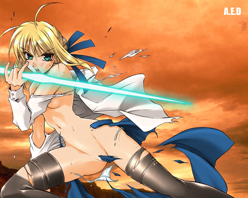 artoria_pendragon_(all) breasts convenient_censoring energy_sword fate/stay_night fate_(series) non-web_source nude saber solo sword thighhighs torn_clothes wallpaper weapon