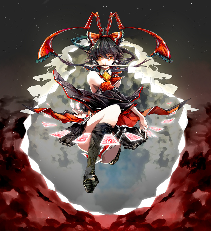 absurdres bangs black_footwear black_hair black_sleeves boots bow cloud danmaku detached_sleeves floating frilled_bow frilled_ribbon frills gohei hair_between_eyes hair_bow hair_ribbon hakurei_reimu highres knee_boots koumajou_densetsu koumajou_densetsu_1 looking_at_viewer mouth_hold night ofuda orange_eyes red_bow red_ribbon ribbon shaded_face short_hair sky solo sparkling_eyes star_(sky) starry_sky talisman touhou tsukimoto_aoi yellow_neckwear