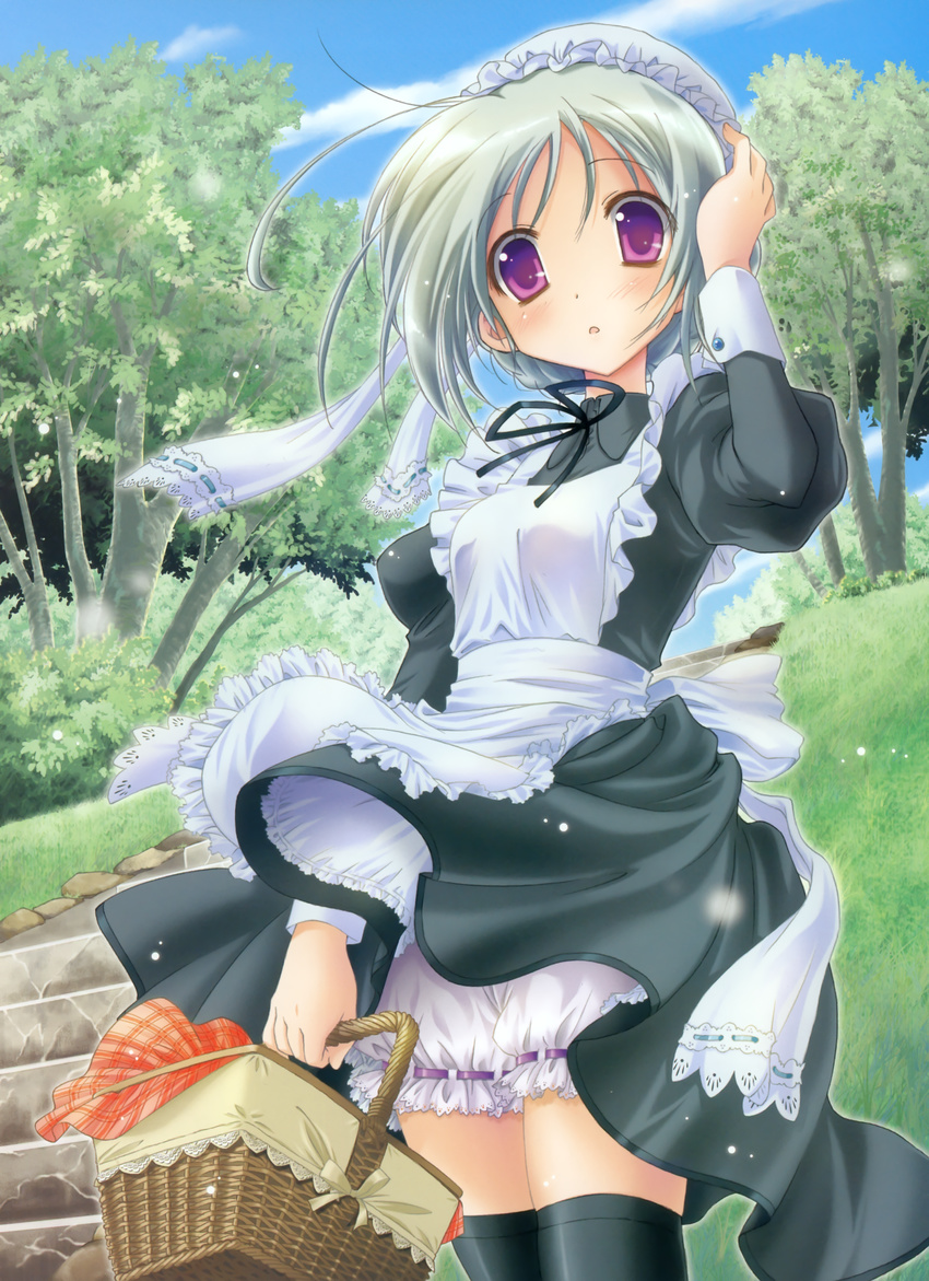 absurdres basket bloomers copyright_request dress dress_lift green_hair hat highres horii_kumi maid purple_eyes solo stairs thighhighs tree underwear wind wind_lift