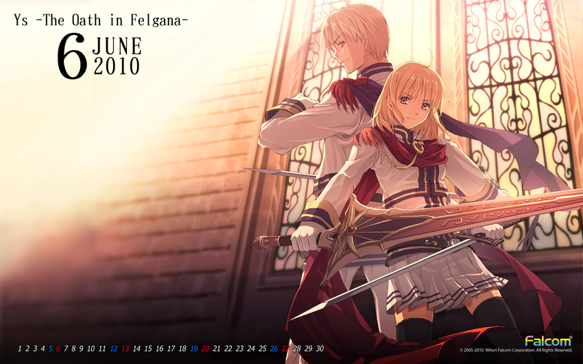 1girl 2010 back-to-back black_legwear blonde_hair brother_and_sister calendar_(medium) chester_stoddart company_name dual_wielding elena_stoddart enami_katsumi highres holding june official_art purple_eyes scarf sepia sepia_background short_hair siblings skirt smile sword thighhighs weapon ys ys_iii_wanderers_of_ys