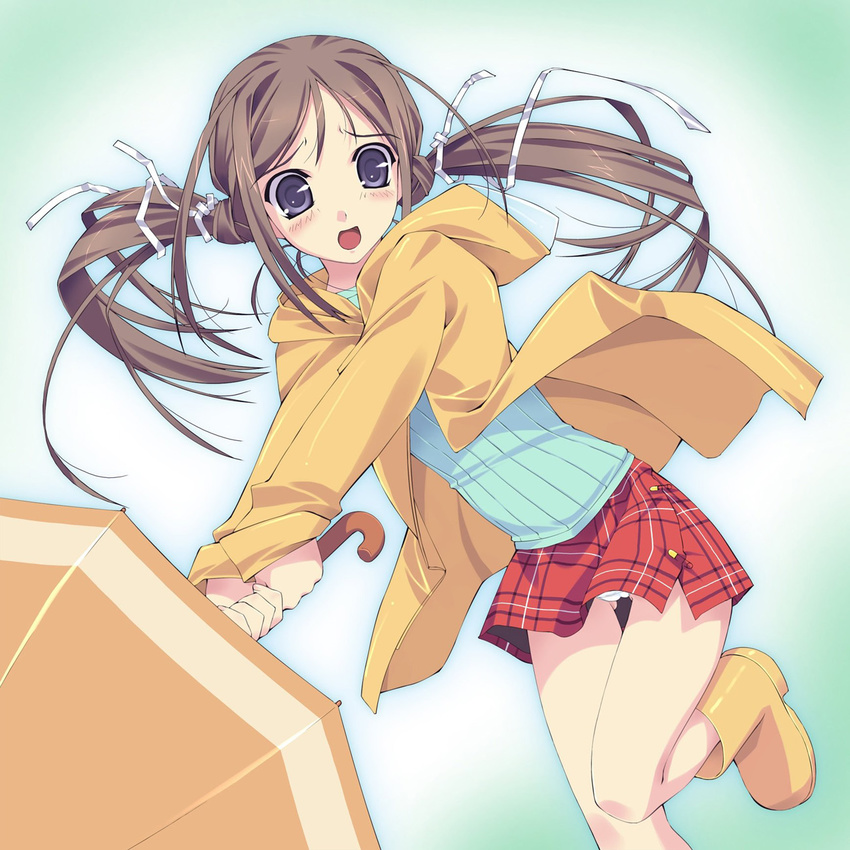 blush boots brown_hair copyright_request hair_ribbon highres holding holding_umbrella long_hair miniskirt murakami_suigun open_mouth panties pantyshot plaid plaid_skirt purple_eyes raincoat ribbon rubber_boots skirt solo twintails umbrella underwear white_panties white_ribbon yellow_footwear