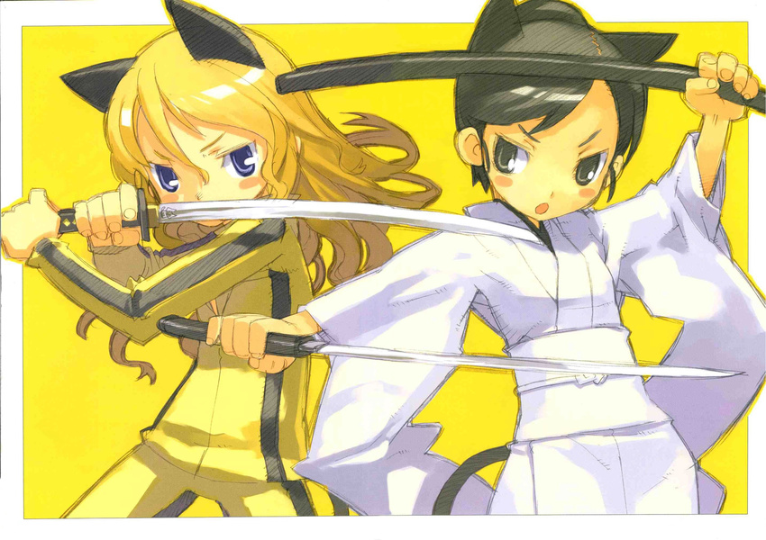 animal_ears beatrix_kiddo black_hair blonde_hair blue_eyes bruce_lee's_jumpsuit cat_ears cat_tail highres japanese_clothes katana kemonomimi_mode kill_bill kimono kuroboshi_kouhaku multiple_girls o-ren_ishii scabbard sheath shirasaya sword tail track_suit weapon