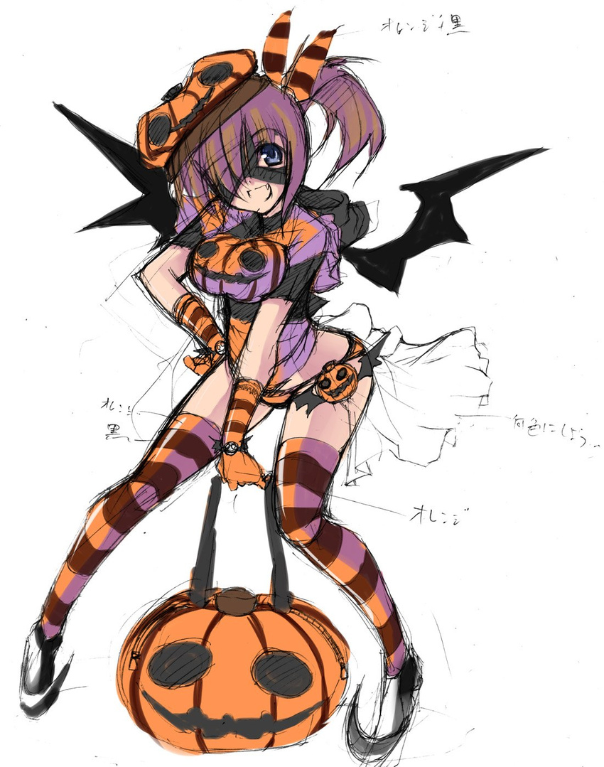artist_request copyright_request costume highres pumpkin pumpkin_hat sketch solo striped striped_legwear thighhighs white_background wings