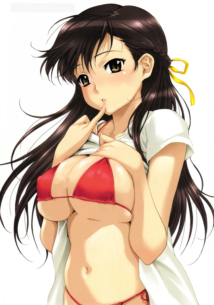 bikini black_hair blush breast_squeeze breast_suppress breasts brown_eyes brown_hair copyright_request finger_to_mouth happoubi_jin highres huge_breasts large_breasts long_hair navel non-web_source open_clothes open_shirt pinky_to_mouth red_bikini scan shirt shirt_lift side-tie_bikini sideboob simple_background skindentation solo string_bikini sweat swimsuit third-party_edit underboob