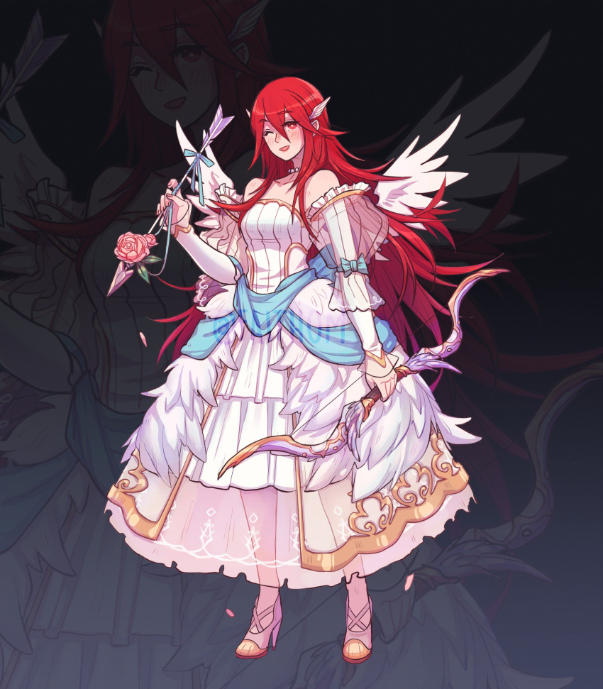 1girl arrow bow_(weapon) bride dress faithom fire_emblem fire_emblem:_kakusei fire_emblem_heroes full_body hair_ornament high_heels highres holding holding_arrow holding_bow_(weapon) holding_weapon long_hair nintendo one_eye_closed open_mouth red_eyes red_hair see-through sleeveless sleeveless_dress solo standing tiamo weapon wedding_dress white_dress wing_hair_ornament