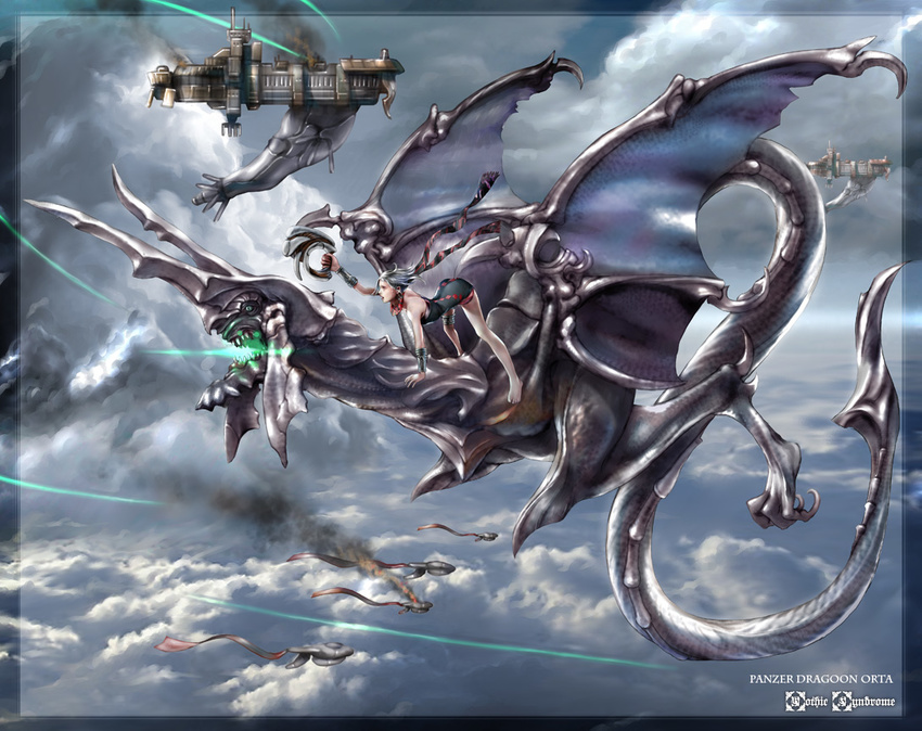 aerial_battle barefoot battle copyright_name dragon dragon_tail dress energy_beam flying gun jasmine_t orta panzer_dragoon panzer_dragoon_orta riding scarf silver_hair smoke strapless strapless_dress tail tube_dress weapon wings