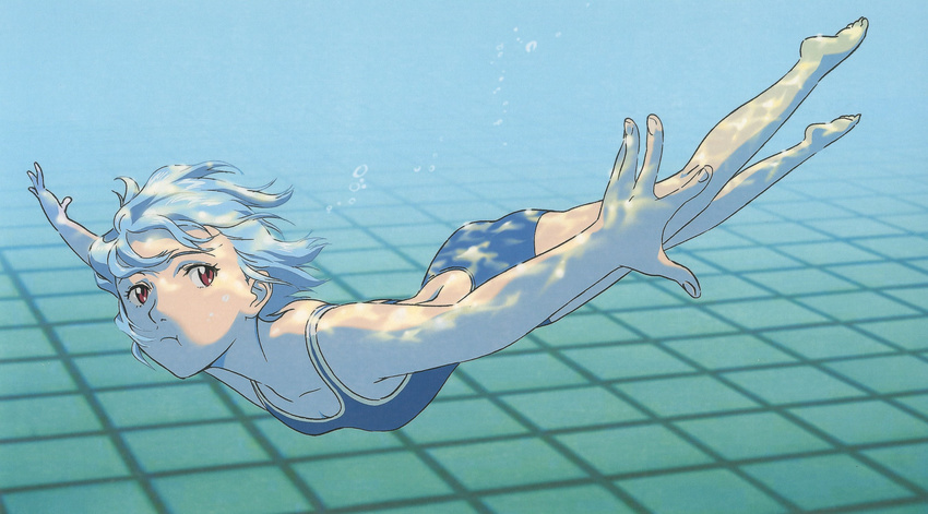:t ayanami_rei barefoot blue_hair blue_swimsuit breasts bubble caustics foreshortening from_side hands highres holding_breath neon_genesis_evangelion one-piece_swimsuit outstretched_arms pale_skin pool red_eyes scan short_hair small_breasts solo spread_arms swimming swimsuit tsurumaki_kazuya underwater