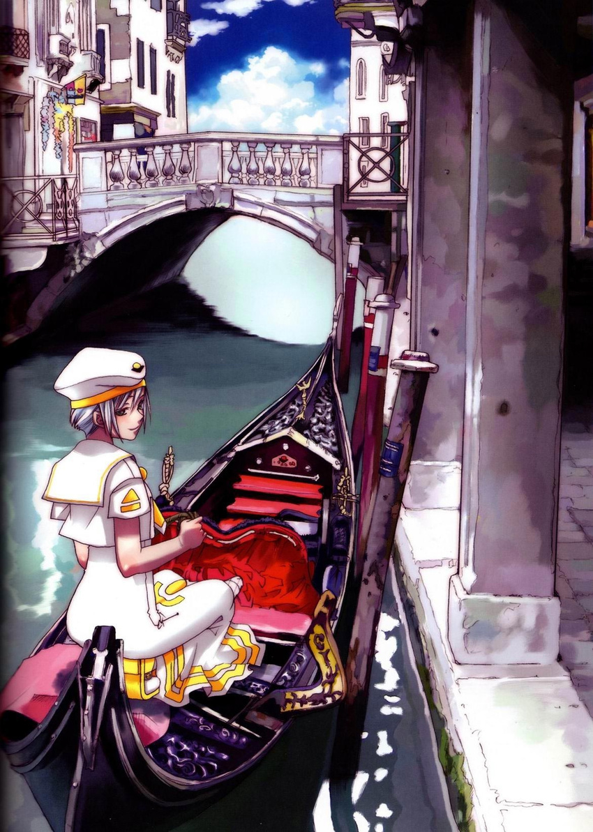 amano_kozue aria athena_glory bridge cloud day from_behind gondola hat highres looking_back official_art scan scenery short_hair silver_hair sitting sky smile solo uniform venezia water