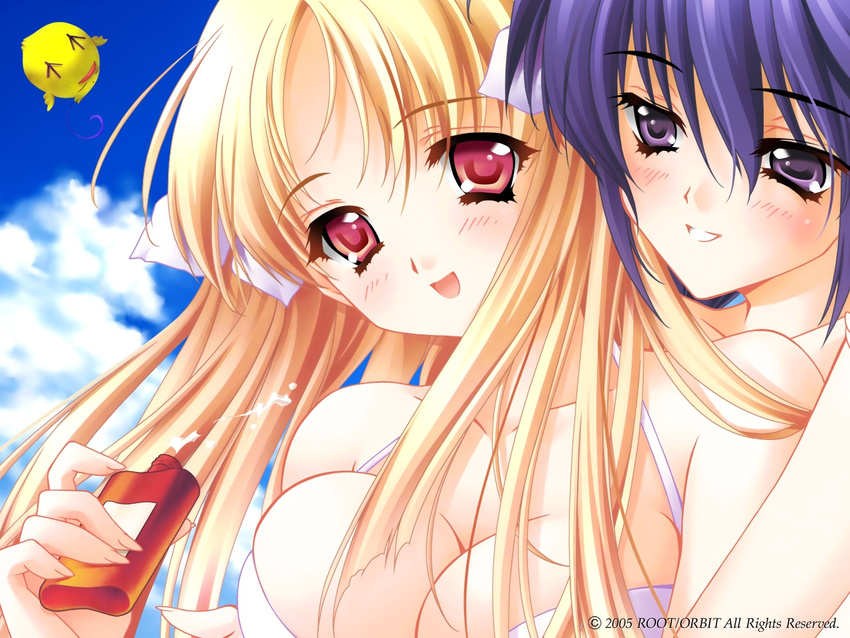 azuma_hatsumi azuma_hazuki bare_shoulders bikini blonde_hair blue_hair blush breasts carnelian day ken-chan large_breasts long_hair multiple_girls purple_eyes red_eyes swimsuit white_bikini yami_to_boushi_to_hon_no_tabibito