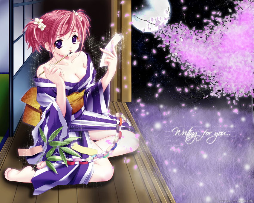 :p barefoot breasts calligraphy_brush carnelian cherry_blossoms cleavage copyright_request flower hair_flower hair_ornament ink japanese_clothes kimono leaf medium_breasts moon night night_sky no_bra off_shoulder outdoors paintbrush paper paper_chain petals pink_hair purple_eyes short_hair short_twintails sitting sky soles solo tanabata tanzaku tongue tongue_out twintails wallpaper yokozuwari