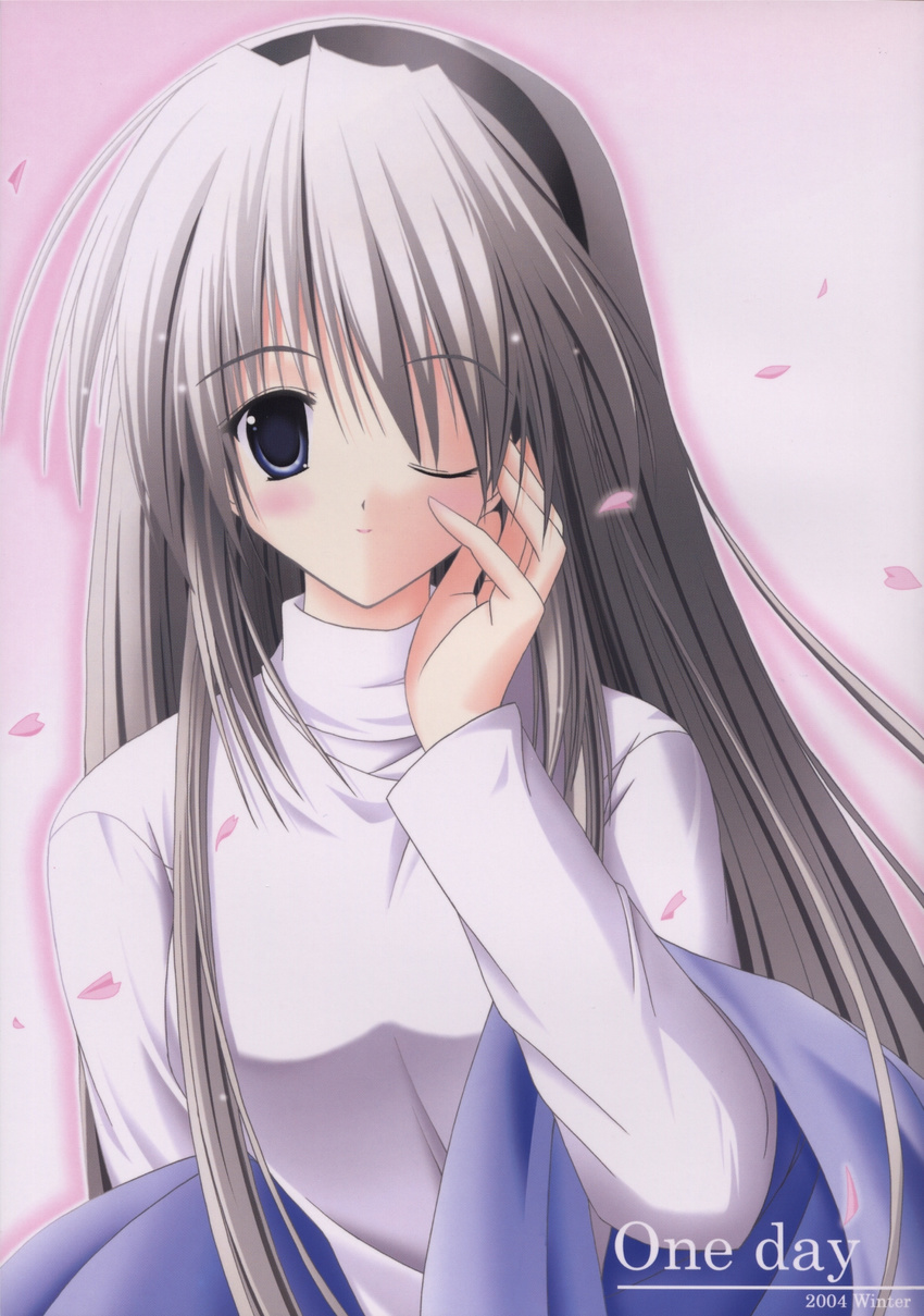 artist_request blue_eyes blush clannad grey_hair hairband highres long_hair looking_at_viewer one_eye_closed petals sakagami_tomoyo solo sweater