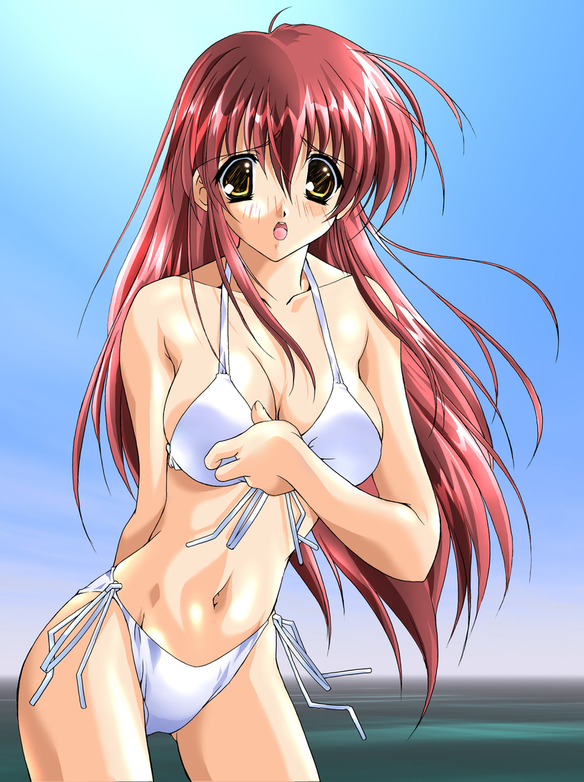 absurdres asuka_keisuke bikini breasts cleavage copyright_request day highres large_breasts long_hair red_hair side-tie_bikini solo swimsuit yellow_eyes
